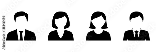 Minimalist black and white icons of four diverse people in business attire, representing team members or customer profiles in a clean, modern graphic style.