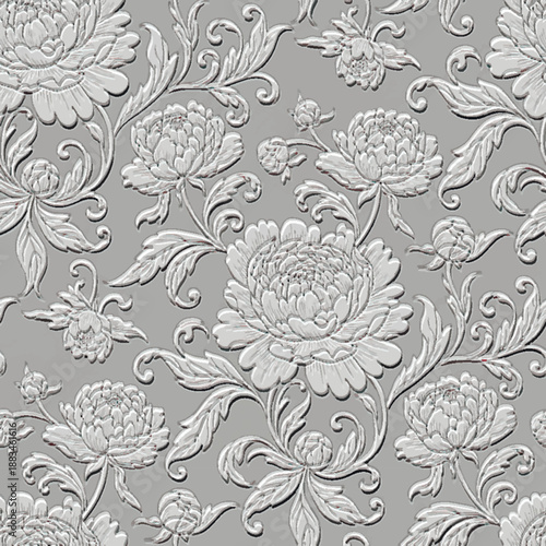 Canvas-taulu 3D embossed textured vintage seamless pattern with elegant relief peonies and leaves