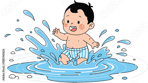 Cute baby splashing water in puddle, happy toddler cartoon illustration, childhood fun and summer play isolated on white background.