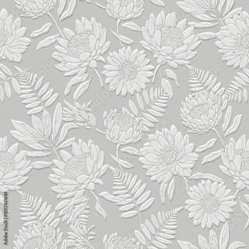 Schilderij op canvas 3D embossed textured seamless pattern with white relief protea flowers and fern leaves