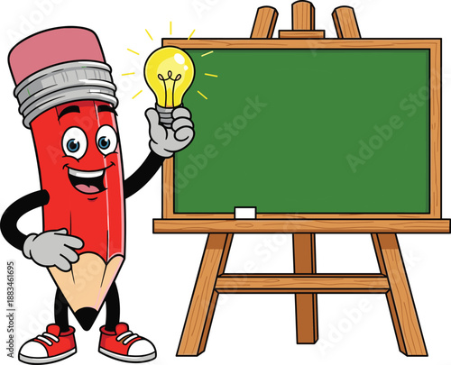 Cute pencil character holding light bulb beside blank chalkboard, education and creative idea concept cartoon illustration isolated.