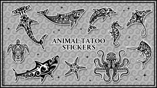 Maori animal tattoo stickers pack of hammerhead shark, dolphin, sea turtle, squid, seahorse, manta ray, swordfish and starfish. Vector set of tribal animal tattoo stickers featuring sea creatures like