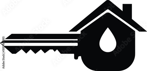 Real estate key and house silhouette icon with water drop symbol in black and white, flat vector illustration isolated on white background for property, home insurance, and housing concepts