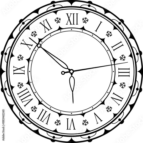 Circular vintage clock vector face with roman numerals arranged around the outer edge and and thin stylized hands. Vintage clock face with intricate ornamental motif. Antique, retro or classical clock
