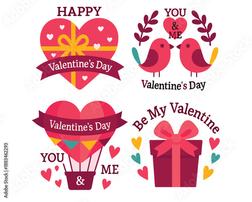 Valentine's Day Emblems: A charming collection of Valentine's Day emblems featuring hearts, birds, and gift box. perfect for expressing love and affection on this special day. 