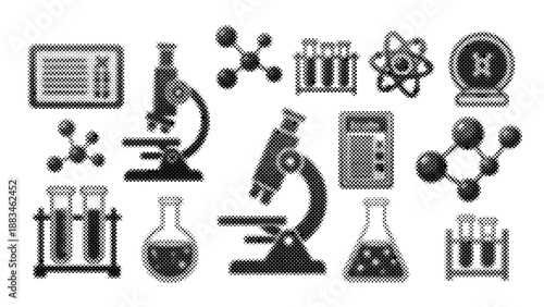 Halftone science icons set including microscopes and laboratory equipment