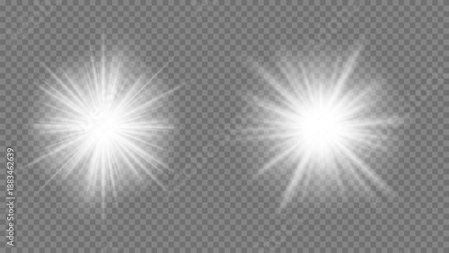 White light flare with radial shine rays. Glow vector effect spreads outward with soft gradient edges and sharp shining beams. Realistic bright white glowing starburst light overlay, magical sparkles