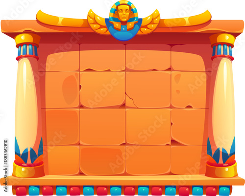 Ancient Egypt game frame, antique Egyptian stone board with pillars, decorative tiles, and pharaoh emblem. Vector ui game menu, leaderboard, or level selection screen in adventure or puzzle games