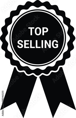 Top selling award ribbon badge icon in black and white, minimal flat vector style for ecommerce marketing, product promotion, bestseller labeling, and branding use