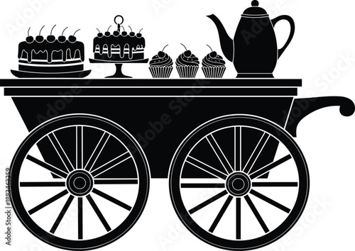 Vintage dessert cart silhouette with cakes, cupcakes, and teapot in black and white, flat vector illustration isolated on white background for bakery, cafe, street market, and food concepts