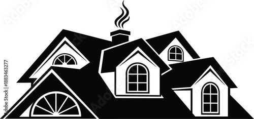 Black and white graphic silhouette of a multi-dormered house roof with a smoking chimney suggesting warmth and residential property ownership