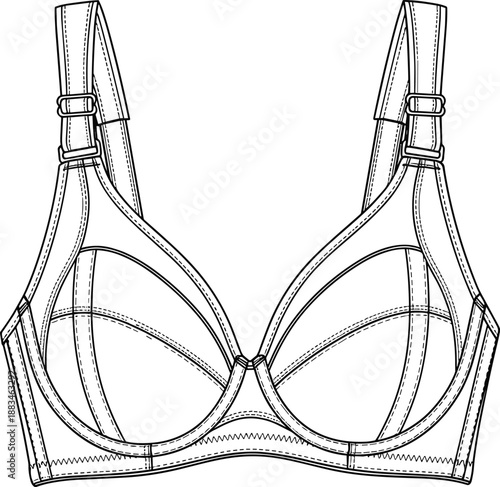Women lingerie bra technical fashion illustration in black and white line art, detailed underwear construction drawing isolated on white background 