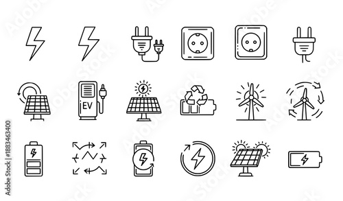 Electric power and energy icon line art vector collection with battery plugs and renewable symbols