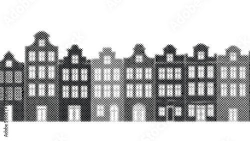 Halftone illustration of a row of traditional Dutch houses with stepped gables