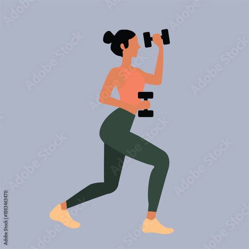 Woman doing a standing workout with dumbbells. Women fitness, healthy lifestyle, women workout concept. Modern flat design easy editable vector character. 