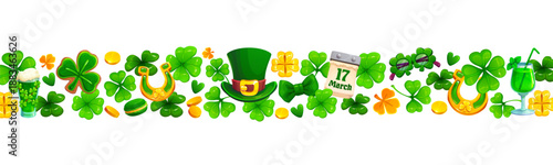 Happy St Patrick day holiday border with leprechaun hat and horseshoes, shamrock clover and golden coins, march 17 calendar, macaroon with green ale or beer glass and sunglasses. Vector festive banner