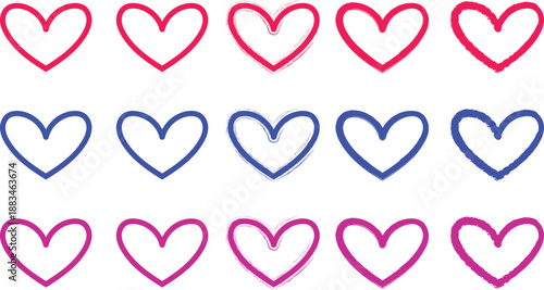 A collection of 12 heart shapes in red blue and pink hues on a white background