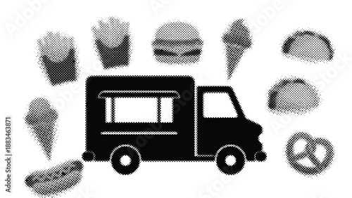 food truck with various food items around it