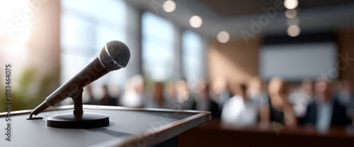 Close-up of microphone on podium with blurred audience in conference room setting for public speaking or presentation