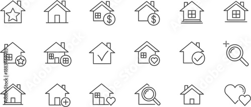 Collection of minimalist line art house icons representing various real estate concepts like searching buying saving and favoriting properties online