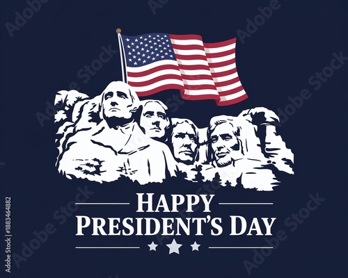 Wallpaper Mural Happy Presidents Day Greeting Graphic Featuring Mount Rushmore National Memorial Illustration and Waving American Flag on Blue Background Torontodigital.ca