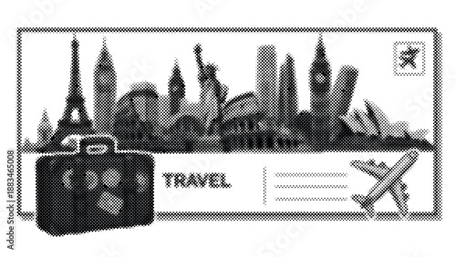 Vintage travel postcard with city skyline and luggage on white background