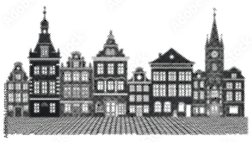 dotted illustration of old european town hall with towers and clock tower on white background
