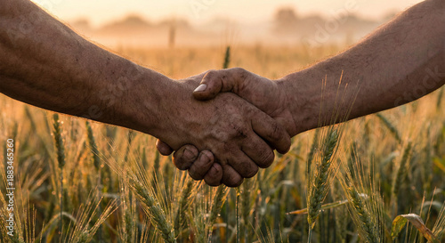 Agricultural partnership handshake at sunrise in wheat field