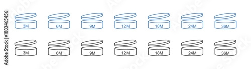 PAO cosmetic icon, period after opening, expiration label on jar and cardboard box, shelf life product, vector on transparent background