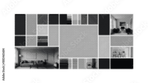 Collage of various grayscale images and rectangles on white background