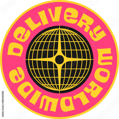 World delivery globe Y2K funky sticker or tag. Earth Y2K vector terrestrial sphere tag, world mesh sphere label. Planet globus sticker with black globe and yellow typography on pink typography