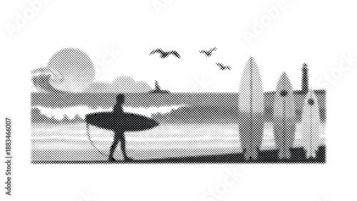 man standing on beach with surfboard and surfboards against cloudy sky with flying seagulls