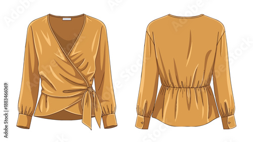 Elegant mustard wrap blouse illustration showcasing front and back views a versatile women's fashion garment with v-neck and gathered waist detail