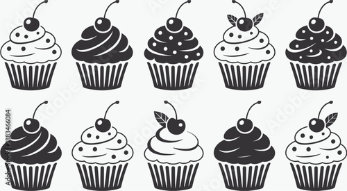 Cupcake silhouette icon collection featuring sweet dessert and bakery treats, cute muffins with frosting and cherry toppings, rendered in black and white pastry vector illustration style
