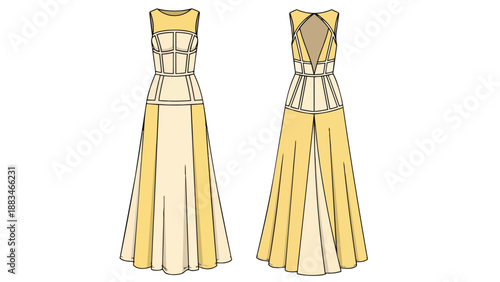Elegant sleeveless gown design with structured bodice and flowing A-line skirt featuring contrasting panels a sophisticated fashion illustration for