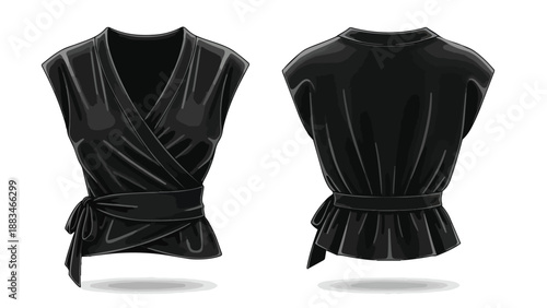 Elegant black sleeveless wrap top illustration with V-neck and tie-waist. Front and back views presented for fashion design, showcasing modern