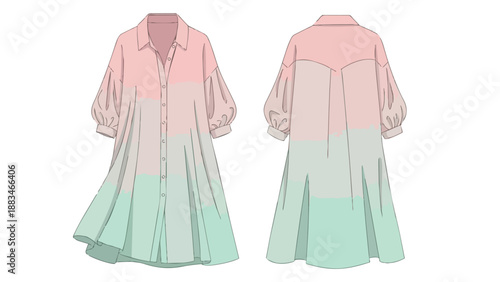Fashion technical drawing showcasing a charming casual women's tunic dress with a delightful soft pastel color blend from blush pink to mint green art