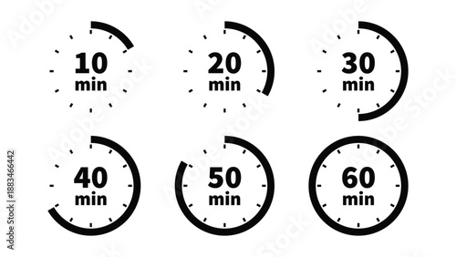 Collection of minimalist timer icons representing 10 to 60 minutes with segmented arcs on a white background. Perfect for web design, app interfaces, and presentations.