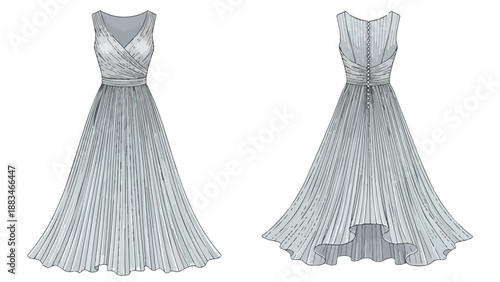 Elegant sleeveless gown featuring a gracefully draped V-neck bodice and a flowing pleated skirt with a stylish high-low hemline, depicted in a