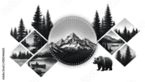 Black and white illustration of forest landscape with bear and mountains