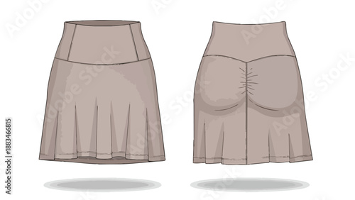 Technical flat sketch of an athletic skirt with high waist and ruched back. Suitable for sportswear designs, showcasing modern garment aesthetics