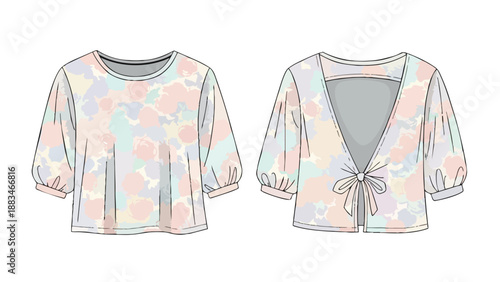 Elegant women's cropped blouse with delicate floral print and unique tie-back design fashion illustration