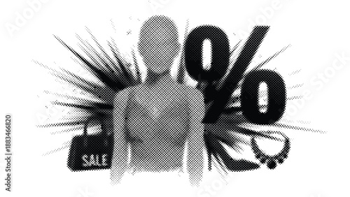 Sale discount percent sign with shopping bag and rays  promotional offer symbol