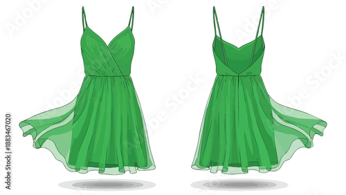 Vibrant green spaghetti strap dress, front and back views, elegant summer fashion vector illustration