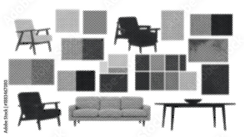Halftone illustration of furniture and various rectangles on white background