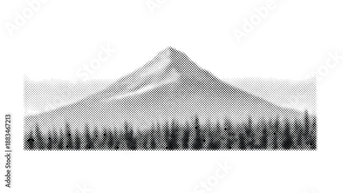 Halftone illustration of mountain with trees in foreground