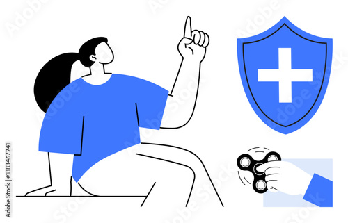 Healthcare, stress relief, mental focus, wellness, security, personal care. Illustrated person pointing upward, shield with cross hand holding spinner. Healthcare and stress relief concept