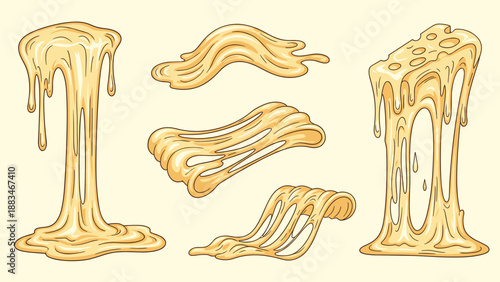 Selection of melted cheese illustrations showing various gooey textures and long stretchy drips of delicious yellow cheddar or mozzarella.