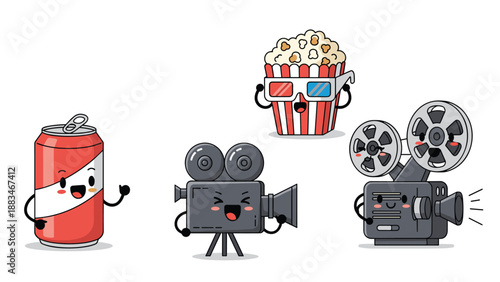 Adorable cartoon movie night characters including a soda can, a box of popcorn with 3d glasses, and vintage film cameras with happy faces.