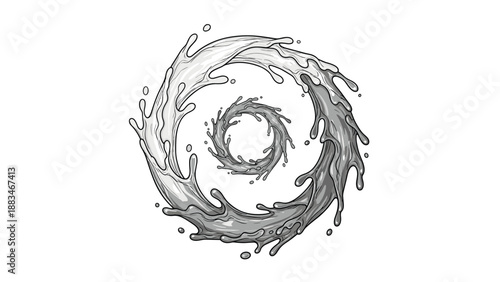 Stylized grayscale water splash circles showing a ripple effect with liquid droplets and swirling waves in a decorative circular formation.
